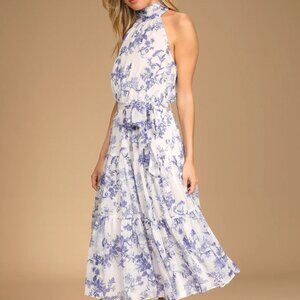 Lulu's White Floral Print Halter Tiered Midi Dress